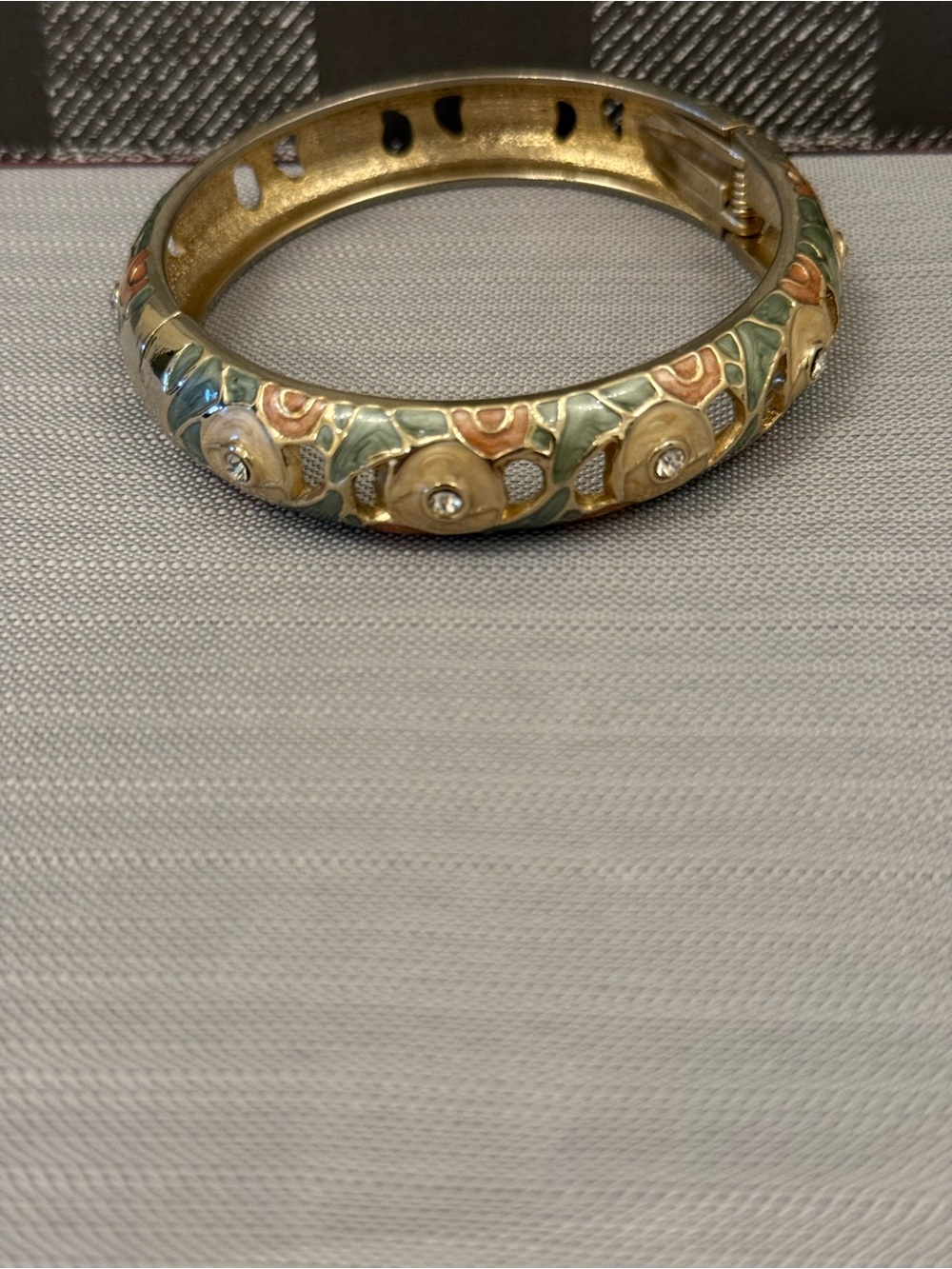 Gold-Tone Floral Enamel Hinged Bangle Bracelet in Green and Peach
